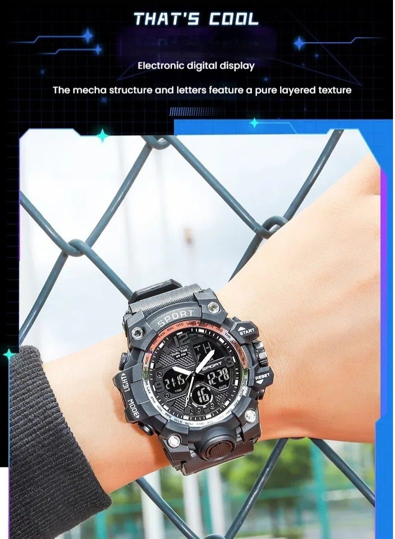 ساندا ساعة رياضية للرجال، مؤقت رقمي مقاوم للماء مع إنذار وشاشة، كوارتز، تناظري، إلكتروني. أسود-56مم - Image 3