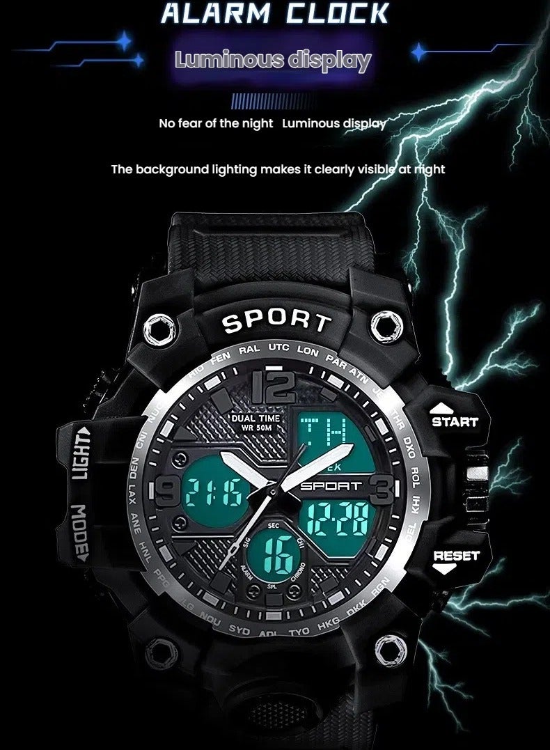 ساندا ساعة رياضية للرجال، مؤقت رقمي مقاوم للماء مع إنذار وشاشة، كوارتز، تناظري، إلكتروني. أسود-56مم - Image 4