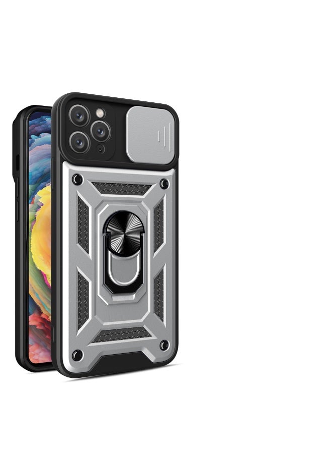 Shunjia Sliding Window Case, Shockproof Rugged Armor with Sliding Camera Cover & 360° Ring Kickstand, Compatible with Apple iPhone 11 Pro Max (Silver)