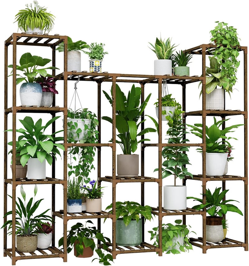 Bamworld Plant Shelf Indoor, Tall Wood Plant Stands Outdoor, Hanging Plant Stand, 14 Pots Large Plant Rack for Living Room, Patio, Balcony, and Garden - Image 1