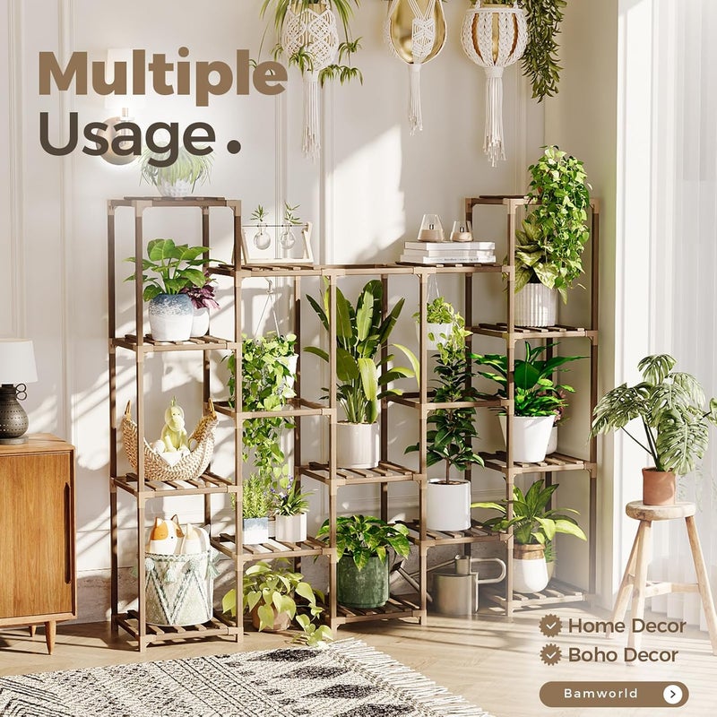 Bamworld Plant Shelf Indoor, Tall Wood Plant Stands Outdoor, Hanging Plant Stand, 14 Pots Large Plant Rack for Living Room, Patio, Balcony, and Garden - Image 2