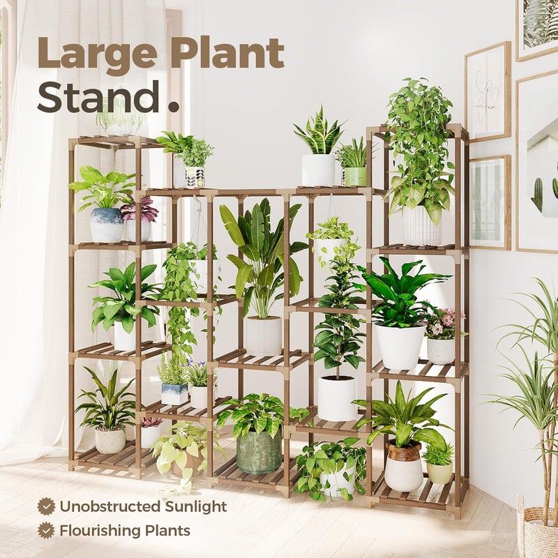 Bamworld Plant Shelf Indoor, Tall Wood Plant Stands Outdoor, Hanging Plant Stand, 14 Pots Large Plant Rack for Living Room, Patio, Balcony, and Garden - Image 4