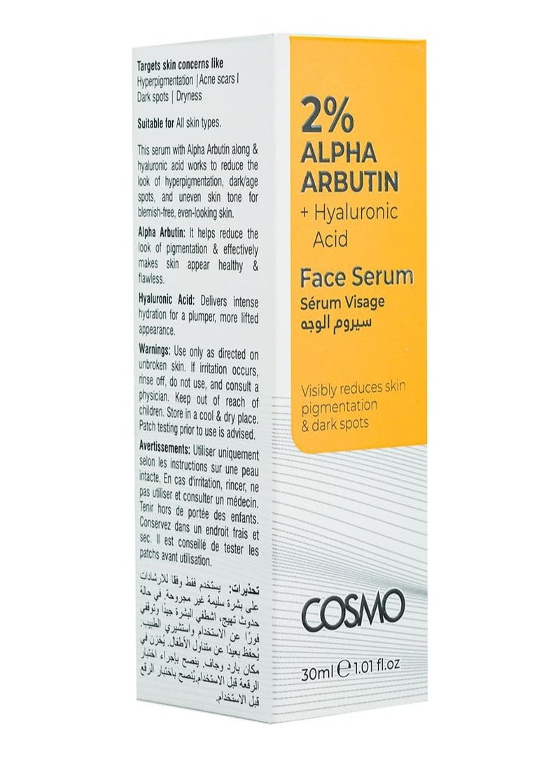 COSMO Cosmo 2 % Alpha Arbutin + Hyaluronic Acid Reduce Skin Pigmentation & Dark Spots Face Serum 30ml For Men & Women  - Image 2