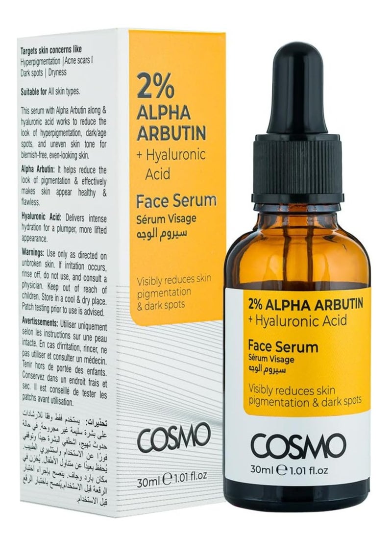 COSMO Cosmo 2 % Alpha Arbutin + Hyaluronic Acid Reduce Skin Pigmentation & Dark Spots Face Serum 30ml For Men & Women  - Image 3