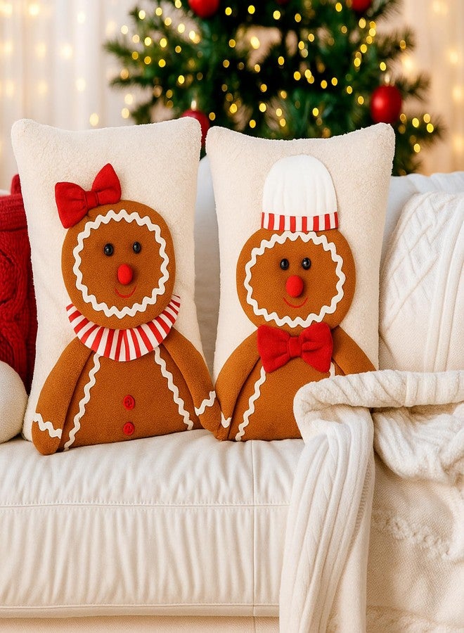 Mindsoft 2 Pcs Christmas Gingerbread Man Pillow Christmas Decorative Throw Pillows 11 x 15 Inch Soft 3D Gingerbread Plush Stuffed Pillow for Xmas Living Room Bedroom Decoration - Image 1