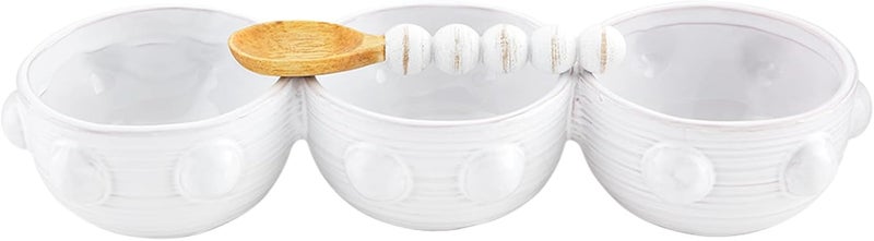 Mud Pie Triple Beaded Dip Set White dish 4 14 x 12 34  spoon 5 12 - Image 1