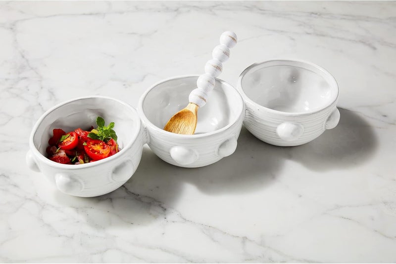 Mud Pie Triple Beaded Dip Set White dish 4 14 x 12 34  spoon 5 12 - Image 2