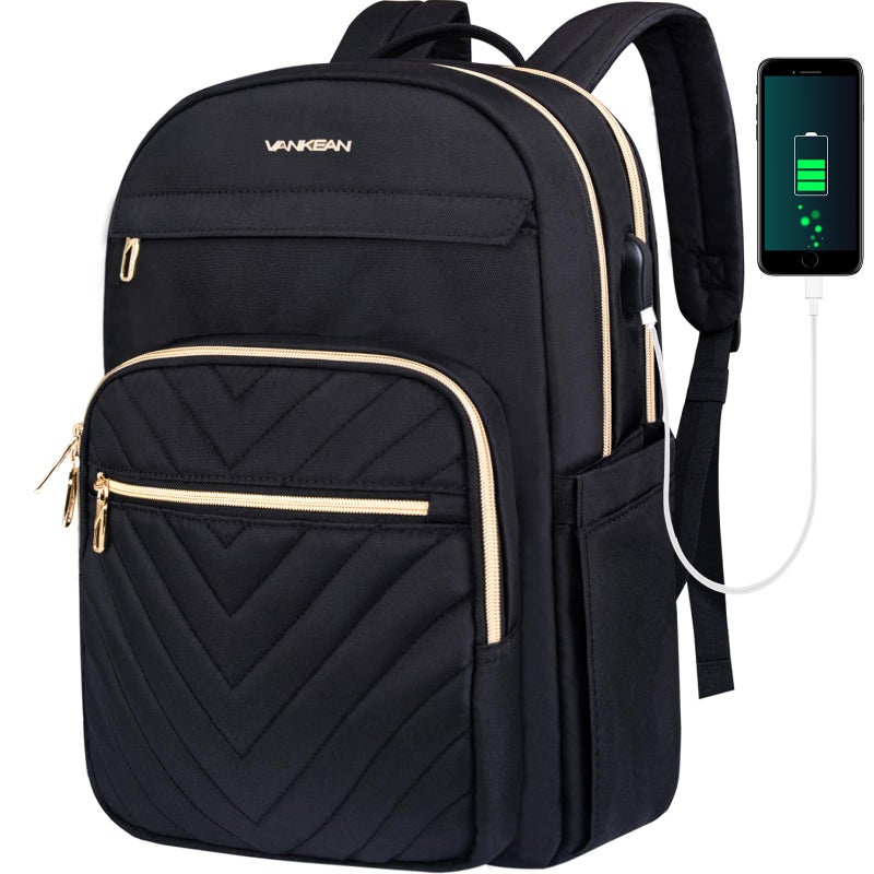 VANKEAN VANKEAN 15.6 Inch Laptop Backpack for Women Men Work Bag Fashion with USB Port, Waterproof Backpacks Nurse Stylish Travel Bags Casual Daypacks for College, Business, Black  - Image 1