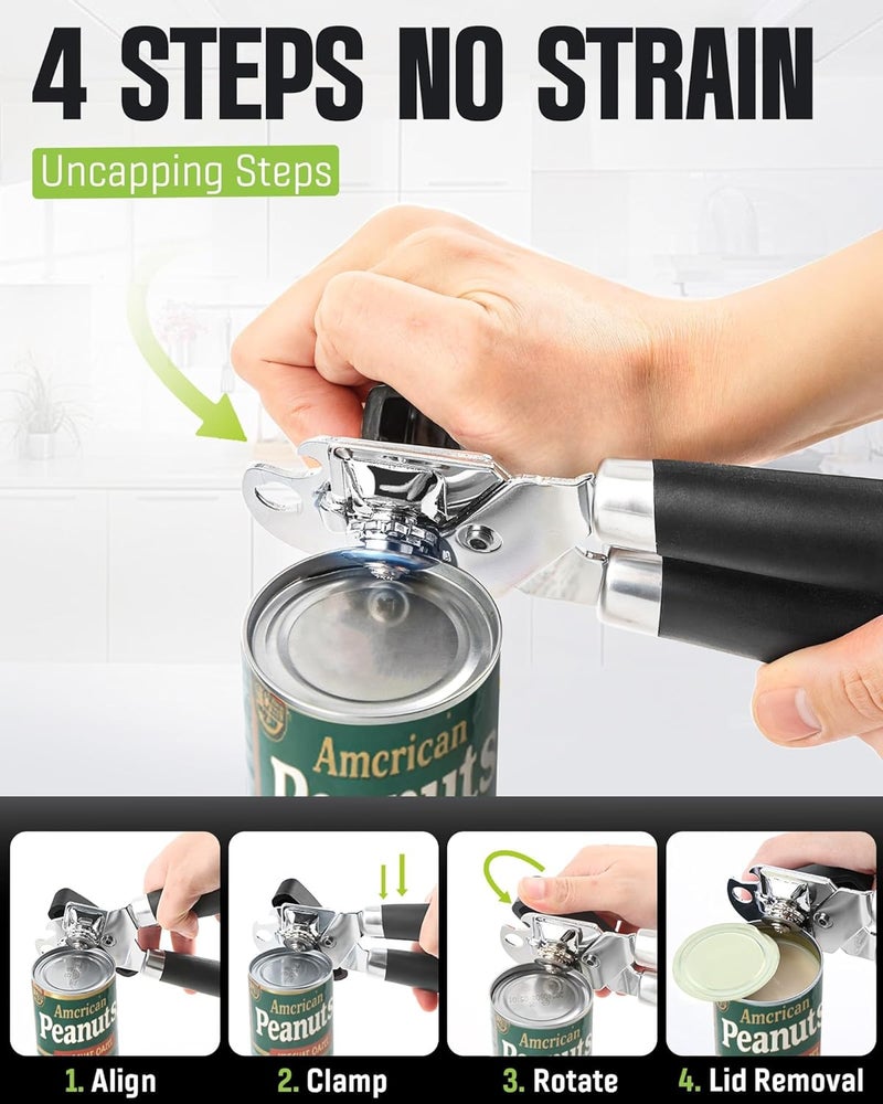 RICKUNCL Tin Opener Manual, Multifunctional Stainless Steel Heavy Duty Can Opener Handheld, Easy Turn Knob & Bottle Opener, Can Opener That Works for Arthritis Hands – Black - Image 4