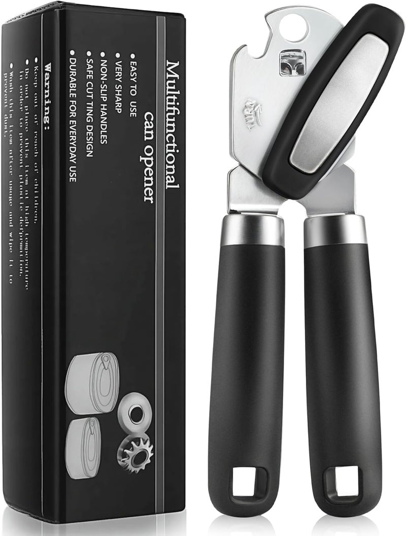 RICKUNCL Tin Opener Manual, Multifunctional Stainless Steel Heavy Duty Can Opener Handheld, Easy Turn Knob & Bottle Opener, Can Opener That Works for Arthritis Hands – Black - Image 1
