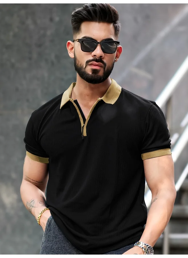 Maniac Maniac Mens Half Zip Polo Neck Solid Half Sleeve Black and Beige Cotton Slim Fit T-Shirt