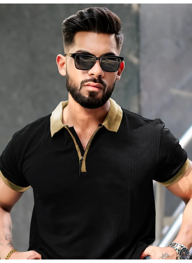 Maniac Maniac Mens Half Zip Polo Neck Solid Half Sleeve Black and Beige Cotton Slim Fit T-Shirt