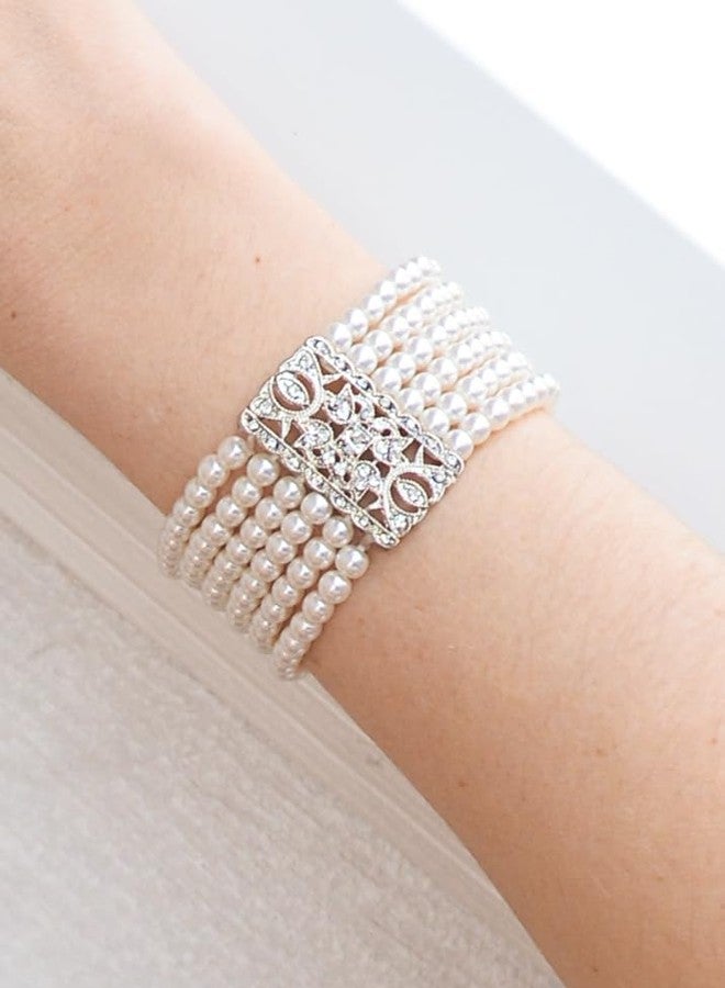 Mariell Ivory Pearl and Crystal Stretch Cuff Bracelet, Medium Size 6" to 7" Fits Most Wrists, Simulated Pearls, Vintage Design Bracelet For Brides, Weddings, Mother of the Bride - Image 4