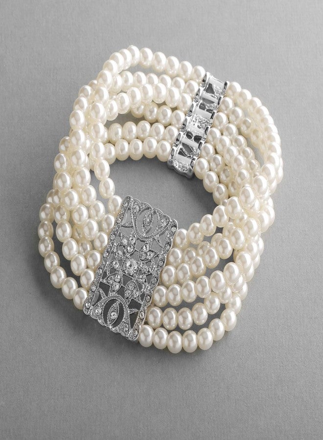 Mariell Ivory Pearl and Crystal Stretch Cuff Bracelet, Medium Size 6" to 7" Fits Most Wrists, Simulated Pearls, Vintage Design Bracelet For Brides, Weddings, Mother of the Bride - Image 3
