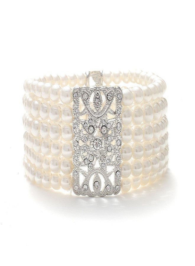 Mariell Ivory Pearl and Crystal Stretch Cuff Bracelet, Medium Size 6" to 7" Fits Most Wrists, Simulated Pearls, Vintage Design Bracelet For Brides, Weddings, Mother of the Bride - Image 1