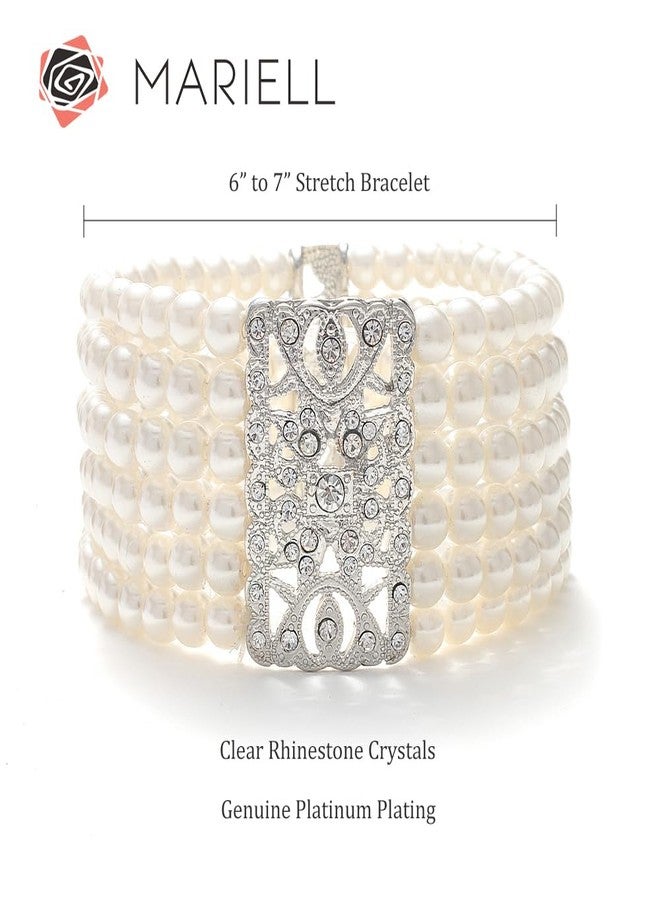 Mariell Ivory Pearl and Crystal Stretch Cuff Bracelet, Medium Size 6" to 7" Fits Most Wrists, Simulated Pearls, Vintage Design Bracelet For Brides, Weddings, Mother of the Bride - Image 5