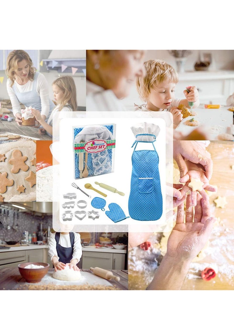 فيستنايت مجموعة الاطباق والخبز للاطفال من فيست نايت مكونة من 13 قطعة مع قبعة الشيف، ومئزر، وقفاز الفرن، وأدوات المطبخ، ومجموعة لعب دور الشيف للأطفال، تصلح كهدية تعليمية للأولاد (أزرق) - Image 1