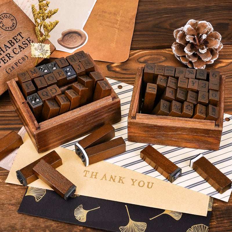 Toptime Letter Stamps, 56pcs Alphabet Stamps with Weeks and Weather, Number Stamps with Wooden Case, Vintage Symbol Wood Stamps with Ink Pads Rubber Stamps for Crafting, Card Making, Scrapbooking - Image 5