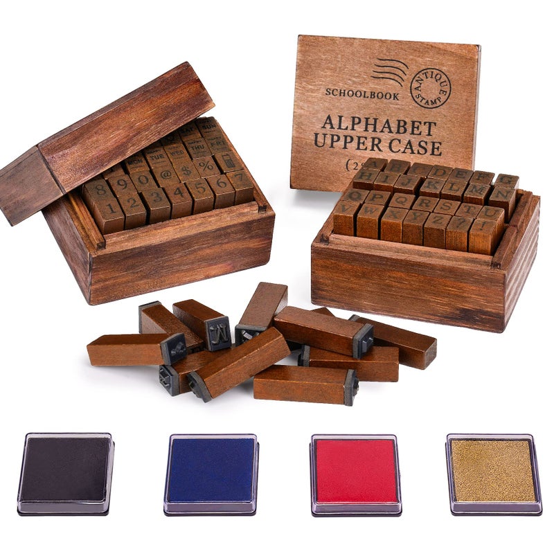 Toptime Letter Stamps, 56pcs Alphabet Stamps with Weeks and Weather, Number Stamps with Wooden Case, Vintage Symbol Wood Stamps with Ink Pads Rubber Stamps for Crafting, Card Making, Scrapbooking - Image 1