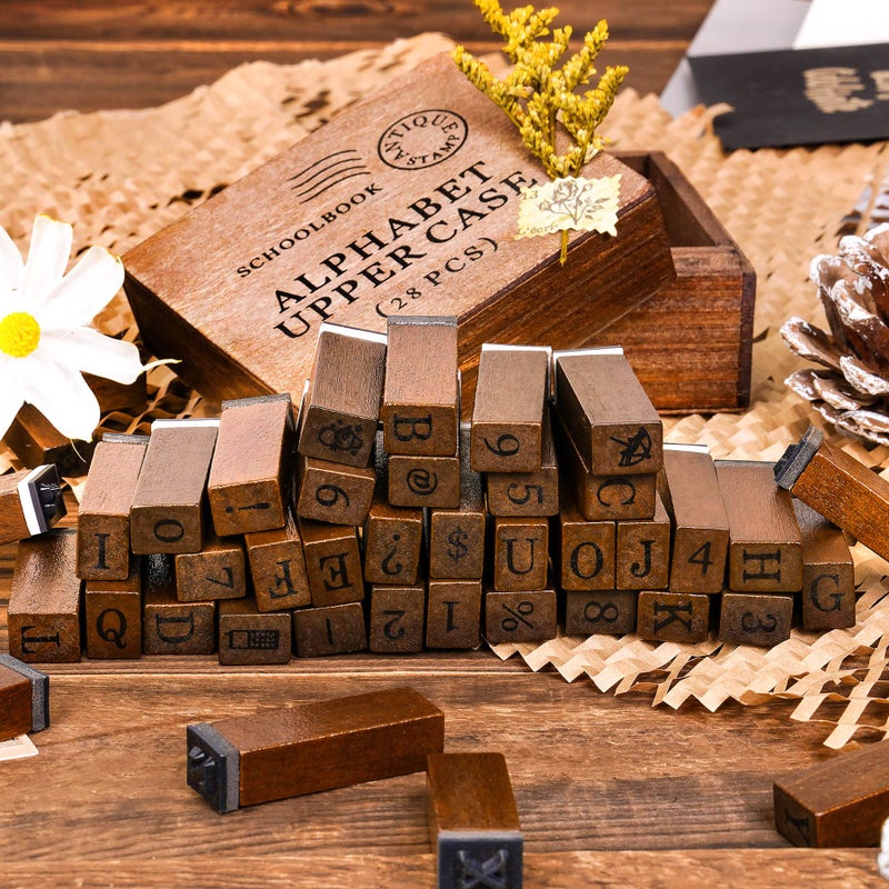 Toptime Letter Stamps, 56pcs Alphabet Stamps with Weeks and Weather, Number Stamps with Wooden Case, Vintage Symbol Wood Stamps with Ink Pads Rubber Stamps for Crafting, Card Making, Scrapbooking - Image 4