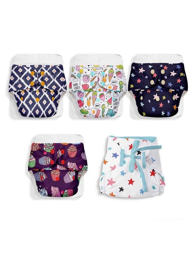 Superbottoms Basic Pack Of 4 Assorted Cloth Diaper For Baby And 1 Dry Feel Langot (Fits 0 5 Kg) ; Washable & Reusable Cotton Diaper For 0 3 Yrs ; Freesize Adjustable ; Reduces Rash ; With 4 Quick Dry Pad;Insert - Image 1