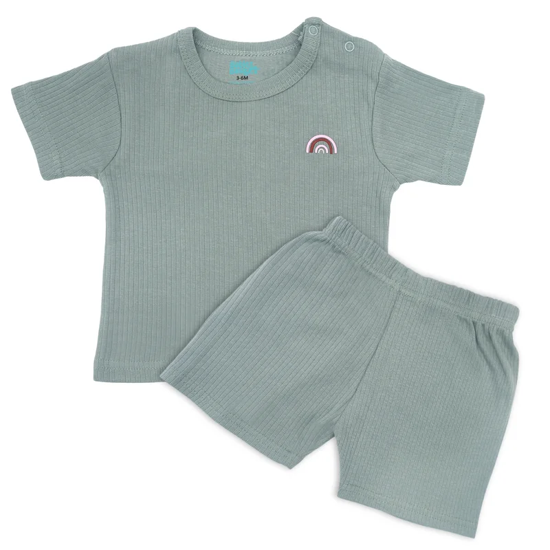 Babies Basic Babies Basic Ribbed Cotton Short Sleeves T-shirt and Plain Shorts Set, Green