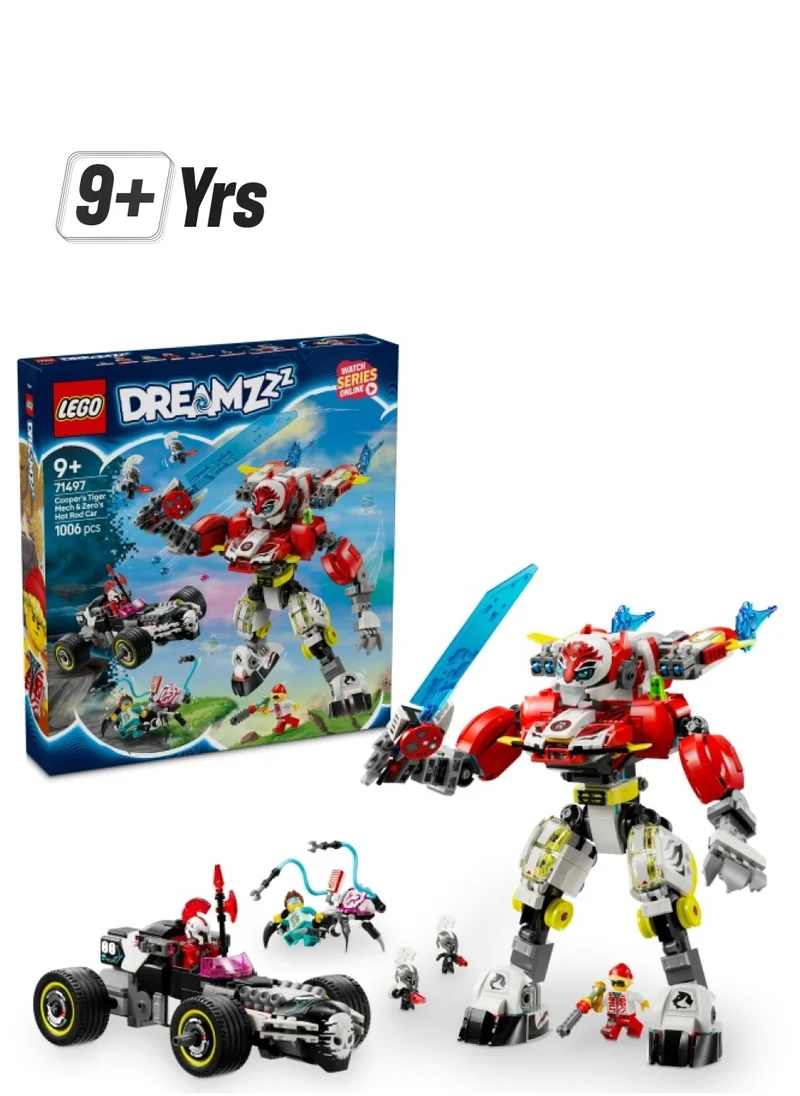 ليغو DREAMZzz 2in1 Cooper’s Tiger Mech & Zero’s Hot Rod Car Toy for 9 Plus Year Old Boys and Girls, Set with Mech Robot, Z-Blob and 3 Minifigures, Birthday Gift Idea 71497 (1006 pieces)