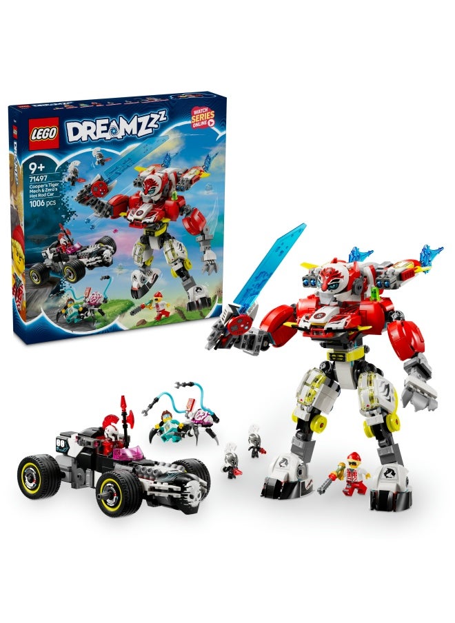 LEGO - DREAMZzz 2in1 Cooper’s Tiger Mech & Zero’s Hot Rod Car Toy for 9 Plus Year Old Boys and Girls, Set with Mech Robot, Z-Blob and 3 Minifigures, Birthday Gift Idea 71497 (1006 pieces) - Image 1