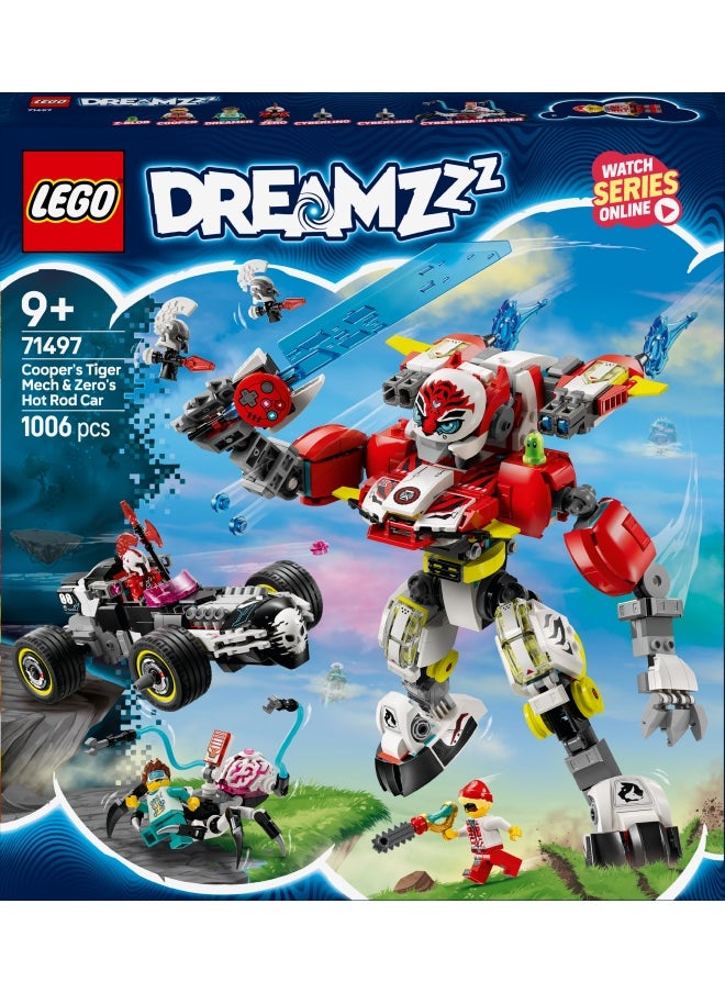 LEGO - DREAMZzz 2in1 Cooper’s Tiger Mech & Zero’s Hot Rod Car Toy for 9 Plus Year Old Boys and Girls, Set with Mech Robot, Z-Blob and 3 Minifigures, Birthday Gift Idea 71497 (1006 pieces) - Image 1