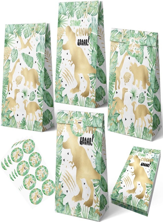 HaPiBiDesign 24 PCS Gold Dinosaur Party Favor Bags With Stickers - Dino Candy Bags - Goodie Gift Treat Bags for Themed Birthday Party Supplies - Image 1