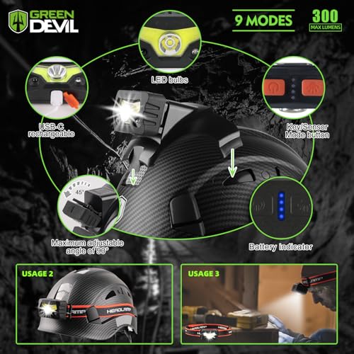 GREEN DEVIL Hard Hat Safety Helmet with Rechargeable Headlamp Light and Visor Ear Muffs Vented Work Hardhat ANSI Z89.1 Cascos De Construccion for Industrial Construction Forestry - Image 3