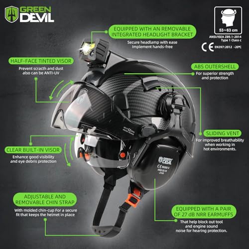 GREEN DEVIL Hard Hat Safety Helmet with Rechargeable Headlamp Light and Visor Ear Muffs Vented Work Hardhat ANSI Z89.1 Cascos De Construccion for Industrial Construction Forestry - Image 2