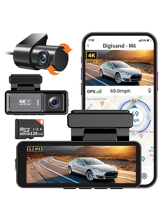ديقيساند كاميرا سيارة أمامية بدقة 4K وخلفية بدقة 1080 بكسل - 3.2 بوصة، بطاقة 128 جيجابايت، كاميرا سيارة مدمجة بنظام تحديد المواقع العالمي (GPS) وواي فاي، رؤية ليلية، مسجل فيديو WDR - Image 2