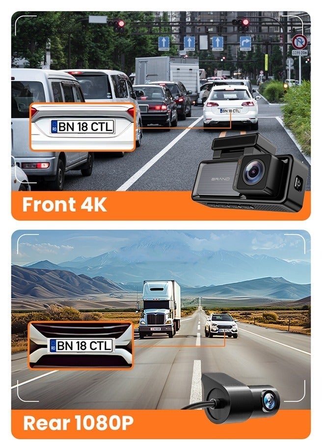 ديقيساند كاميرا سيارة أمامية بدقة 4K وخلفية بدقة 1080 بكسل - 3.2 بوصة، بطاقة 128 جيجابايت، كاميرا سيارة مدمجة بنظام تحديد المواقع العالمي (GPS) وواي فاي، رؤية ليلية، مسجل فيديو WDR - Image 4