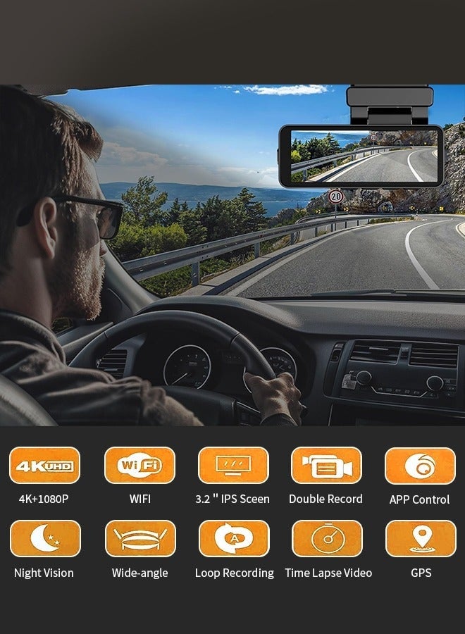 ديقيساند كاميرا سيارة أمامية بدقة 4K وخلفية بدقة 1080 بكسل - 3.2 بوصة، بطاقة 128 جيجابايت، كاميرا سيارة مدمجة بنظام تحديد المواقع العالمي (GPS) وواي فاي، رؤية ليلية، مسجل فيديو WDR - Image 3