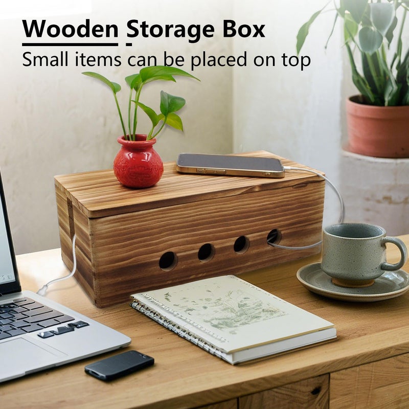 Itvexeme Large Cable Management Box, Wood Cord Hider Box & Organizer for Power Strip Hider Cable Storage for Office, TV Wires, Desk Cord Organizer, 14" x 5.9" x 5.1", Vintage Walnut (Vintage Walnut-lid) - Image 5