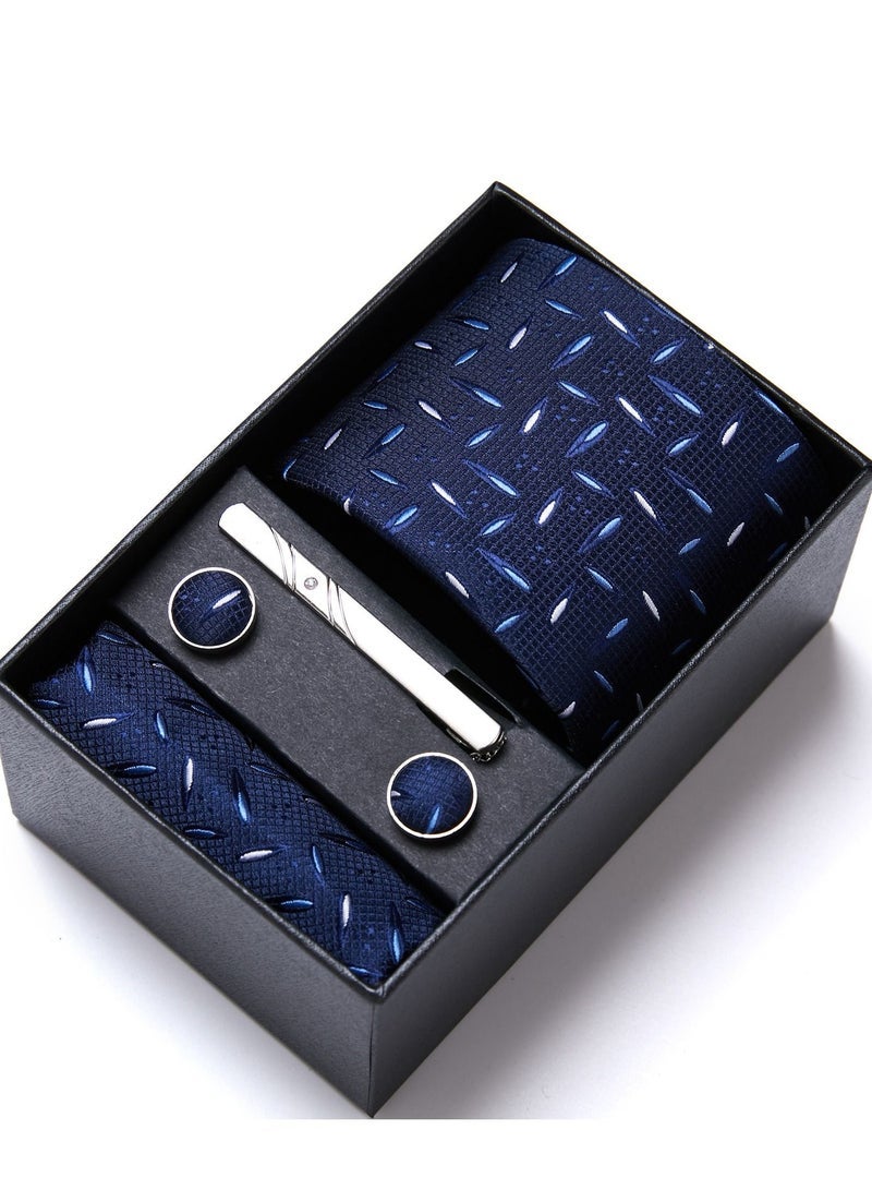 Men's Blue Patterned Set with Pocket Square, Cufflinks & Tie Clip - Formal Tie with Handkerchief in Gift Box for Business, Wedding, Office, Parties & Corporate Gifting - Image 1