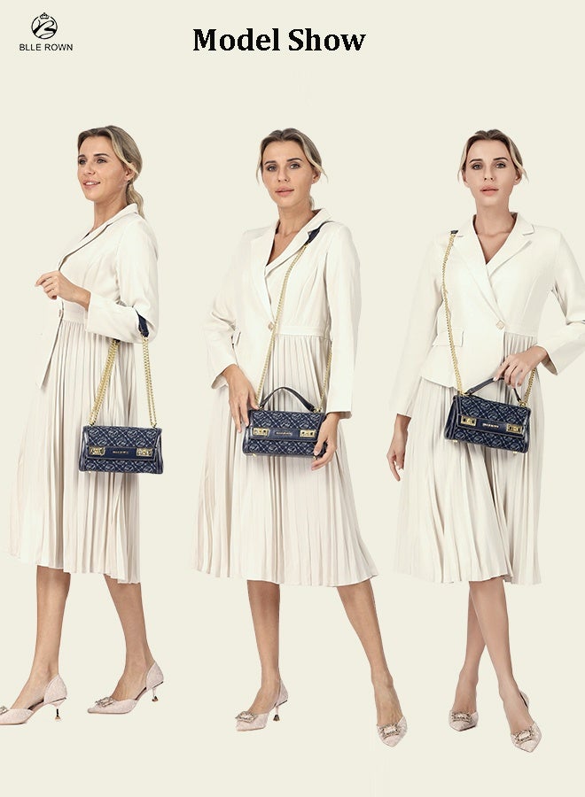 بليه روان شنطة يد نسائية ماركة فاخرة من الدنيم بسلسلة وقفل ذهبي - حقيبة كروس وكتف للعمل والمكتب والتنقل والاستخدام اليومي - Image 4