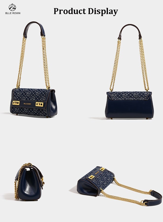 بليه روان شنطة يد نسائية ماركة فاخرة من الدنيم بسلسلة وقفل ذهبي - حقيبة كروس وكتف للعمل والمكتب والتنقل والاستخدام اليومي - Image 3