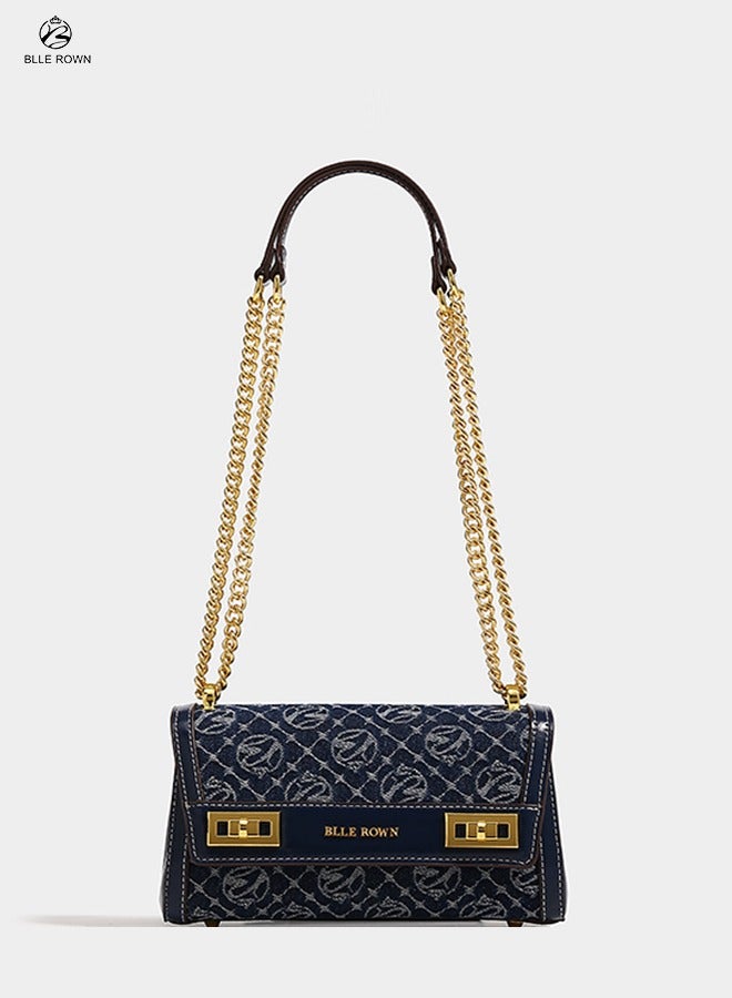 بليه روان شنطة يد نسائية ماركة فاخرة من الدنيم بسلسلة وقفل ذهبي - حقيبة كروس وكتف للعمل والمكتب والتنقل والاستخدام اليومي - Image 1