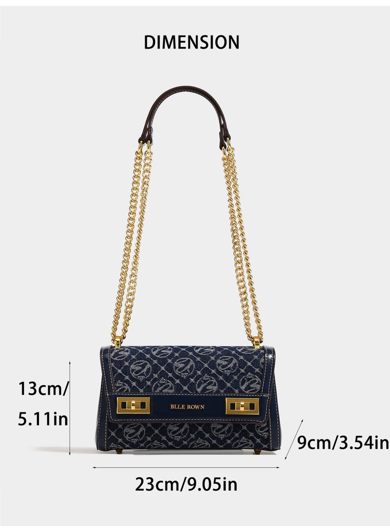 بليه روان شنطة يد نسائية ماركة فاخرة من الدنيم بسلسلة وقفل ذهبي - حقيبة كروس وكتف للعمل والمكتب والتنقل والاستخدام اليومي - Image 5