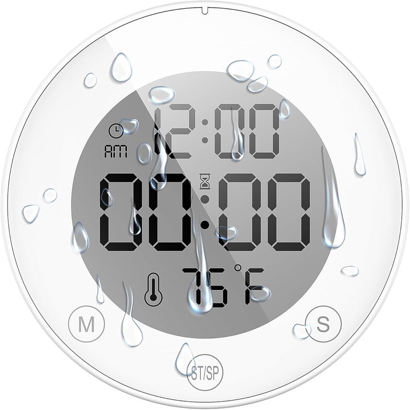 KADAMS Shower Clock Waterproof Bathroom Timer – Digital Wall Clock with Countup & Countdown, Magnetic Kitchen Clock with Temperature, Suction Cup for Kids Shower Spa Sauna Cook Bath, Pearl - Image 1