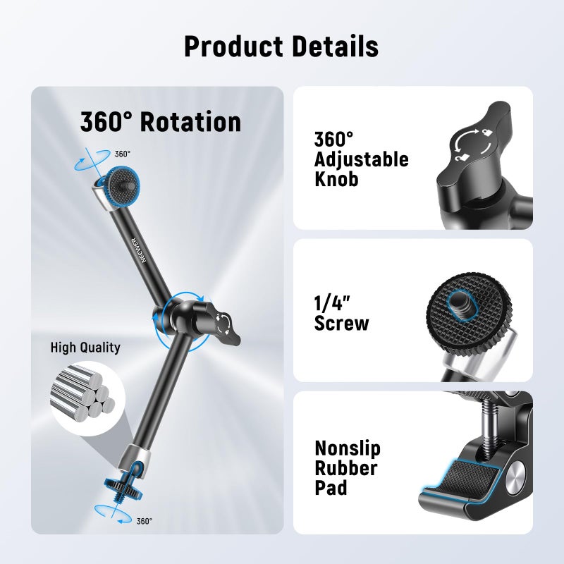 NEEWER 9.8"/25cm Adjustable Magic Arm with Super Clamp, 1/4" & 3/8" Threads, 1/4" Screws for Flash/LED Light/Microphone/Monitor, Compatible with SmallRig Camera Cage, Max Load: 4.4lb/2kg, ST25C - Image 3