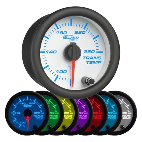 GLOWSHIFT مجموعة مقياس درجة حرارة نقل الحركة الأوتوماتيكي GlowShift الأبيض 7 ألوان 260F - تشمل مستشعر إلكتروني 1/8-27 NPT والأسلاك - عرض متعدد الألوان - قرص أبيض - عدسة شفافة - للسيارة والشاحنة - 2-1/16" 52mm - Image 1