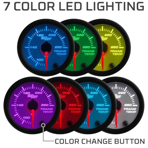 GLOWSHIFT مجموعة مقياس درجة حرارة نقل الحركة الأوتوماتيكي GlowShift الأبيض 7 ألوان 260F - تشمل مستشعر إلكتروني 1/8-27 NPT والأسلاك - عرض متعدد الألوان - قرص أبيض - عدسة شفافة - للسيارة والشاحنة - 2-1/16" 52mm - Image 4