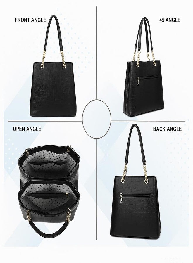 JAISOM Large Capacity Croco Pattern Tote Bag for Women Stylish Black PU Leather Shoulder Purse with 4 Compartments, Inner & Exterior Pocket, Fashion Handbag for Work Travel Shopping Everyday Us - Image 5