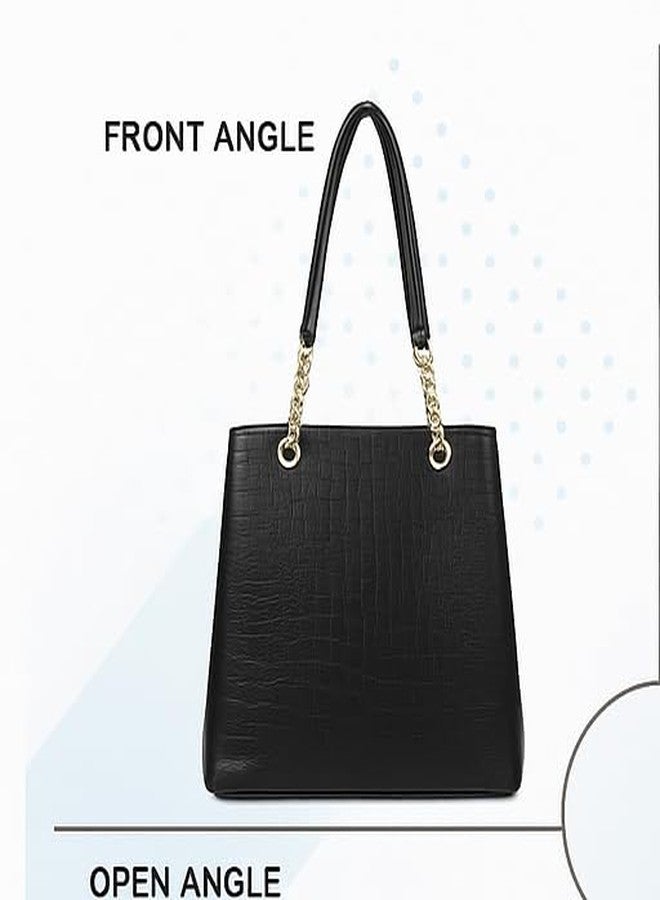 JAISOM Large Capacity Croco Pattern Tote Bag for Women Stylish Black PU Leather Shoulder Purse with 4 Compartments, Inner & Exterior Pocket, Fashion Handbag for Work Travel Shopping Everyday Us - Image 3