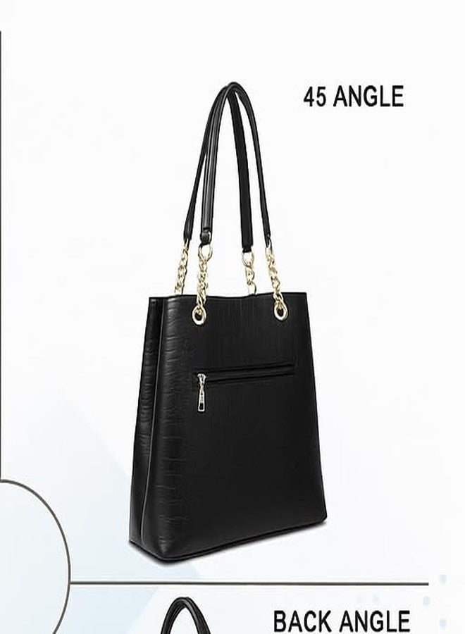 JAISOM Large Capacity Croco Pattern Tote Bag for Women Stylish Black PU Leather Shoulder Purse with 4 Compartments, Inner & Exterior Pocket, Fashion Handbag for Work Travel Shopping Everyday Us - Image 2