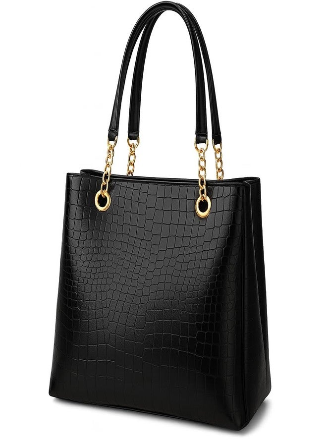 JAISOM Large Capacity Croco Pattern Tote Bag for Women Stylish Black PU Leather Shoulder Purse with 4 Compartments, Inner & Exterior Pocket, Fashion Handbag for Work Travel Shopping Everyday Us - Image 1