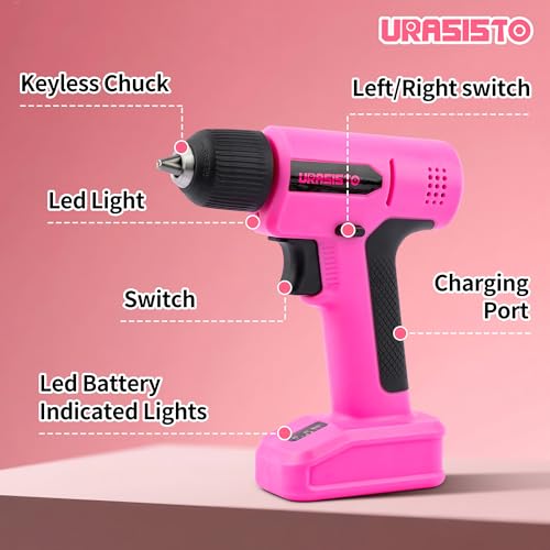 URASISTO 8V Pink Cordless Drill, Power Drill Tool Set, Built-in LED, 58pcs Acessories with Household Tool Set Gift Box, Pink Drill Set for Women - Image 2
